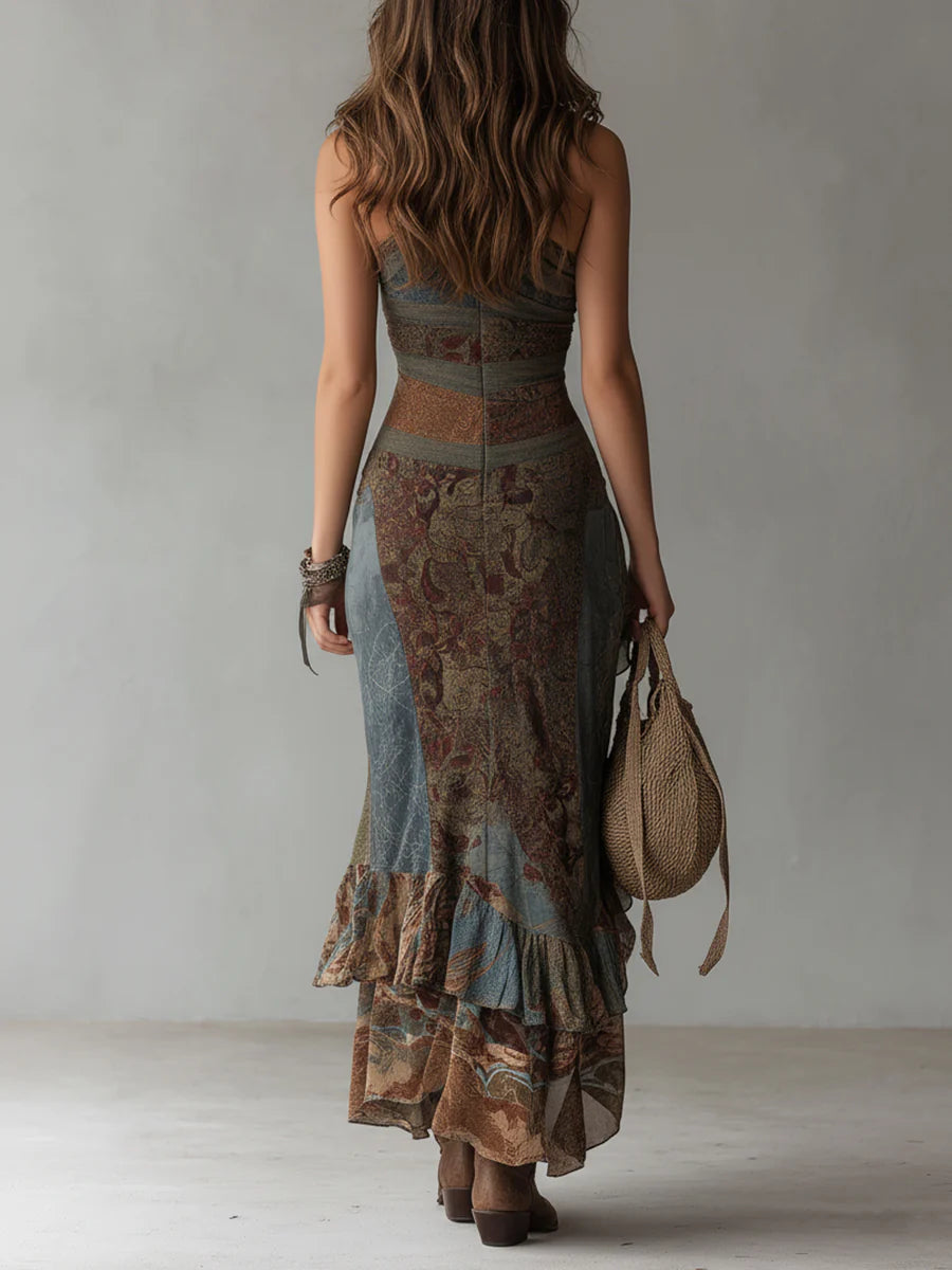 Robe Maxi Imprimée Ethnique à Une Épaule avec Fente Haute