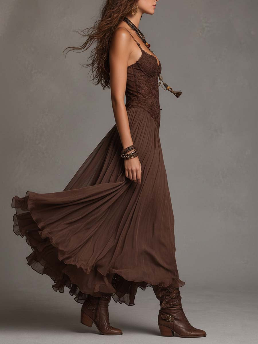 Robe Maxi en Chiffon avec Panneaux en Dentelle Marron Foncé