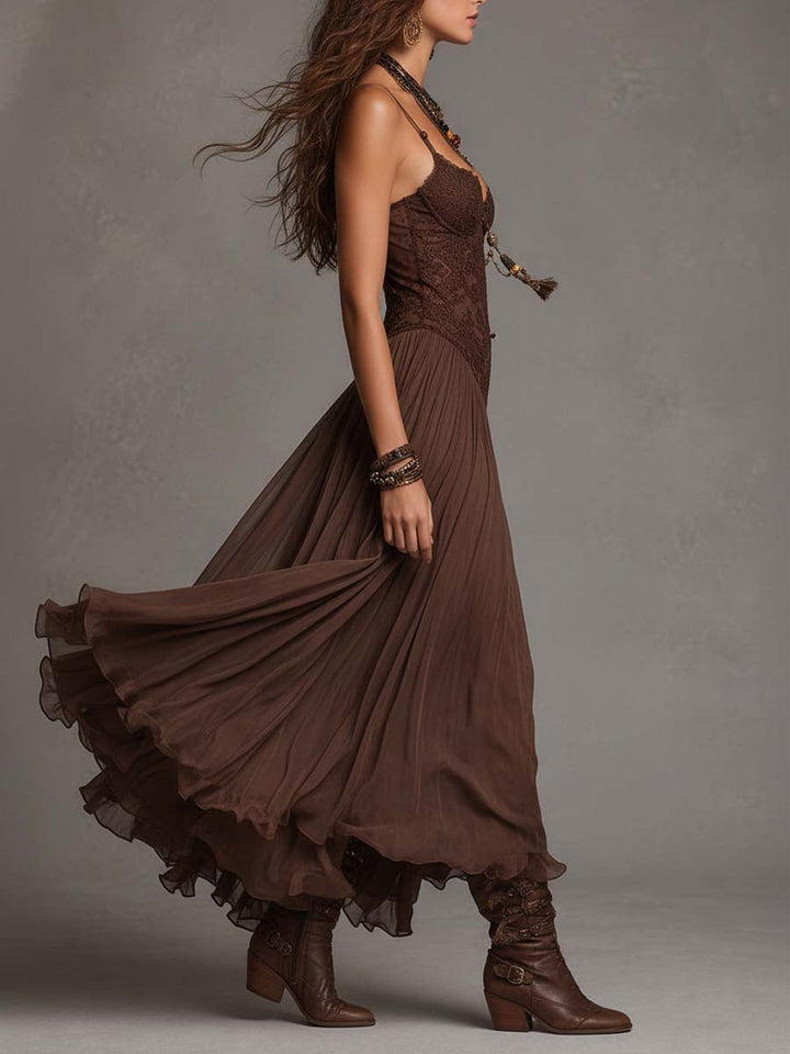 Robe Maxi en Chiffon avec Panneaux en Dentelle Marron Foncé