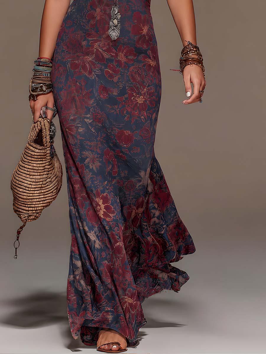 Robe Maxi Fishtail Fleurie à Col Halter en Dentelle Rétro