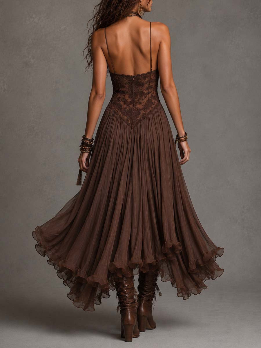 Robe Maxi en Chiffon avec Panneaux en Dentelle Marron Foncé