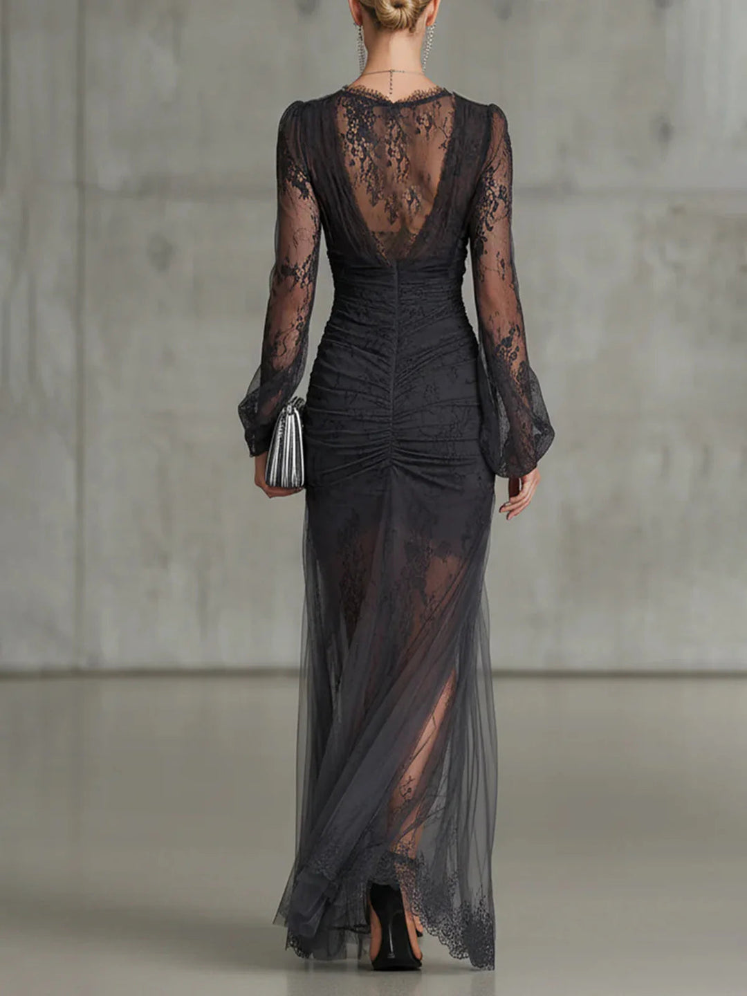 Sofia | Robe Maxi Froncée en Dentelle Gris Foncé