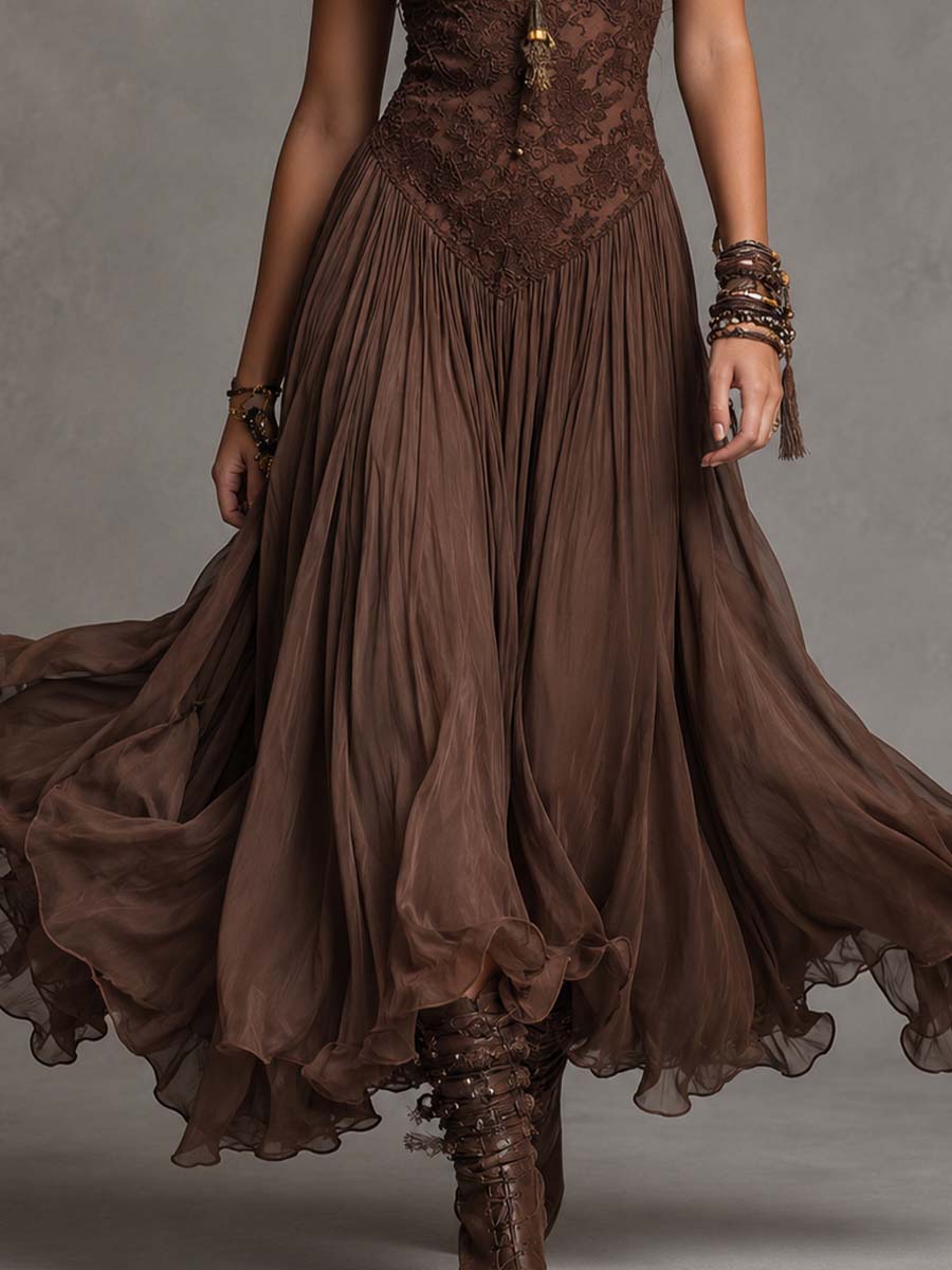 Robe Maxi en Chiffon avec Panneaux en Dentelle Marron Foncé