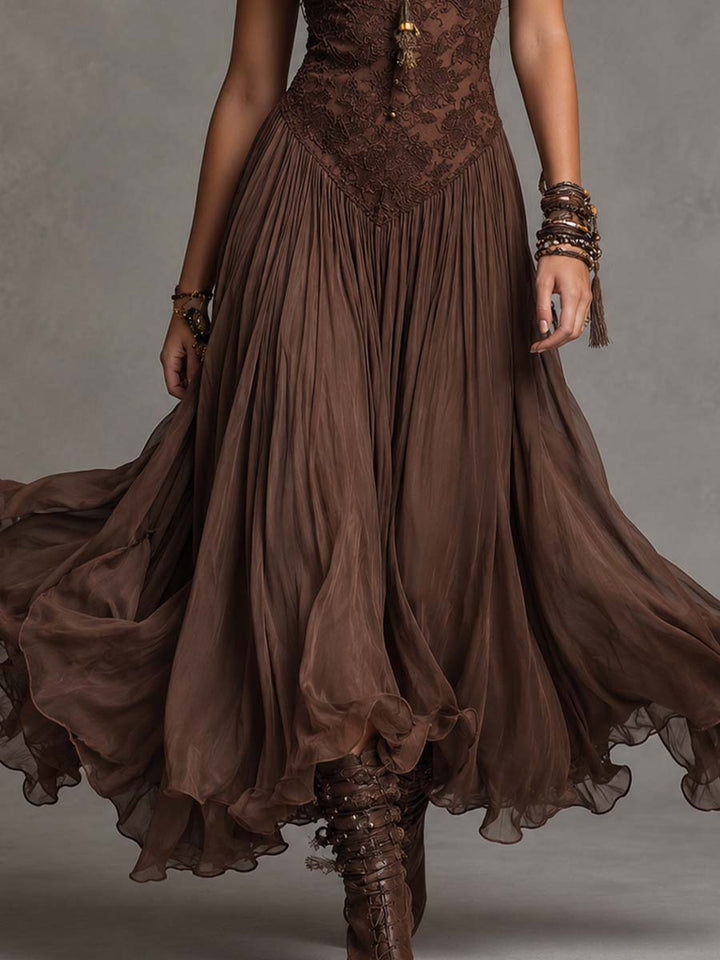 Robe Maxi en Chiffon avec Panneaux en Dentelle Marron Foncé