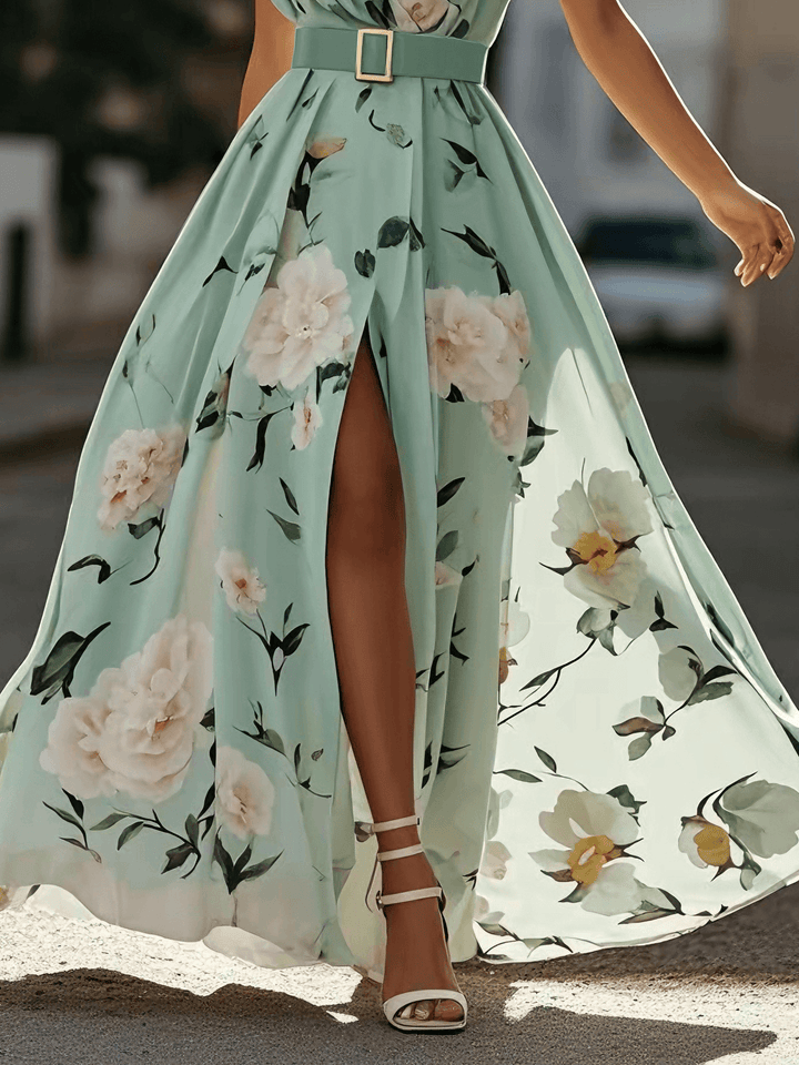 Julie | Robe Maxi Chiffon Florale Vert Clair à Une Épaule