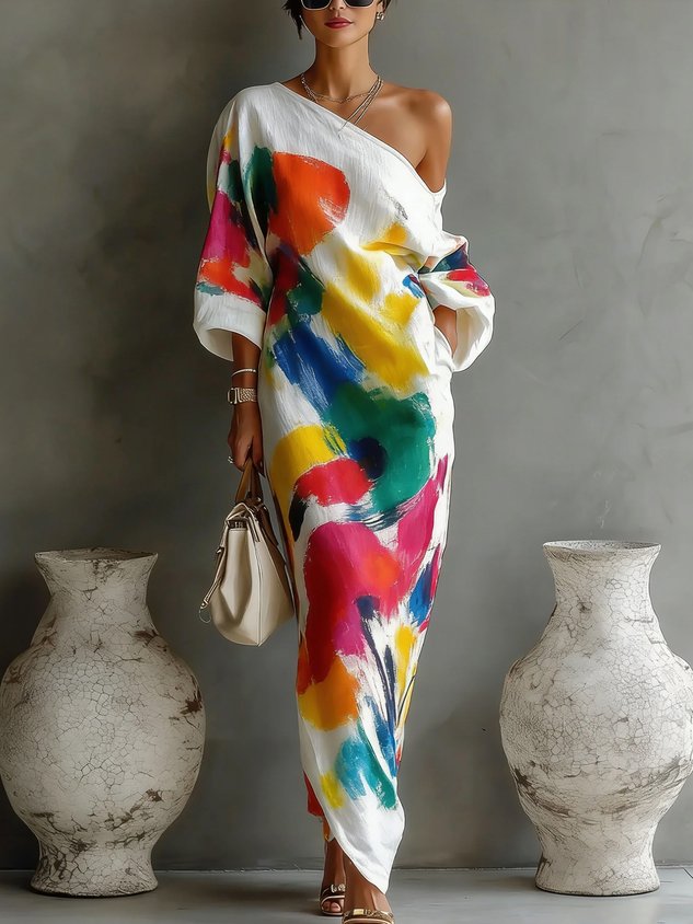 Aurélia | Robe Maxi Asymétrique à Imprimé Artistique