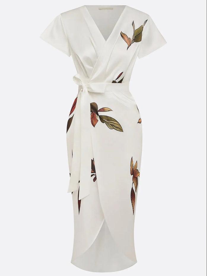 Judy | Robe Midi Satin à Manches Courtes Blanche