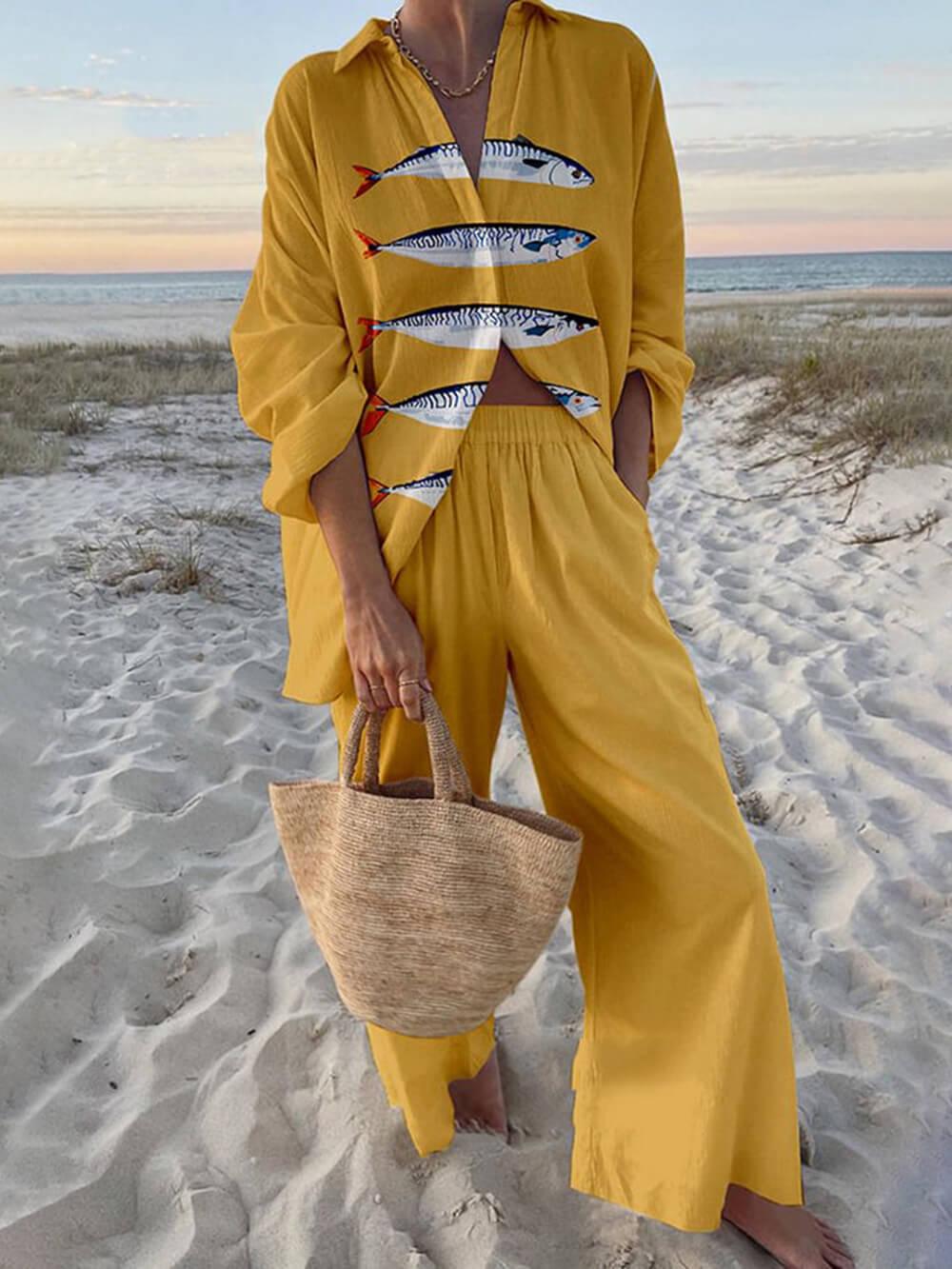 Mae | Ensemble Chemise Oversized Imprimé Océan Style Île et Pantalons à Taille Élastique avec Poches