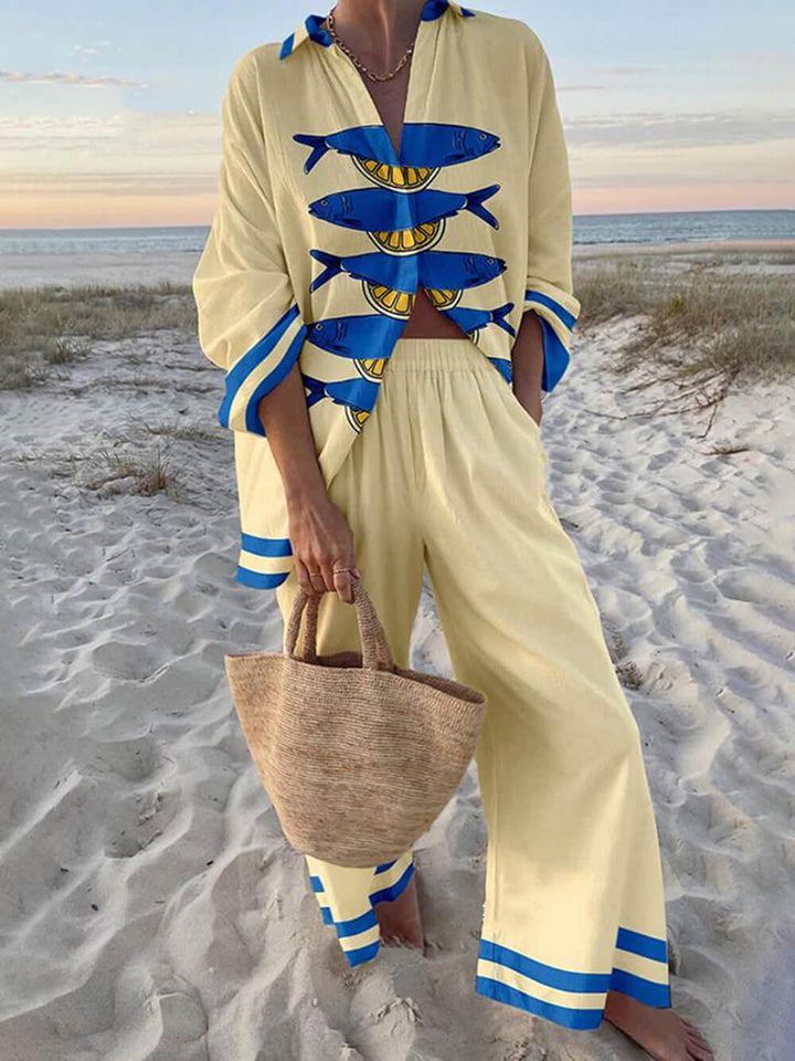 Mae | Ensemble Chemise Oversized Imprimé Océan Style Île et Pantalons à Taille Élastique avec Poches