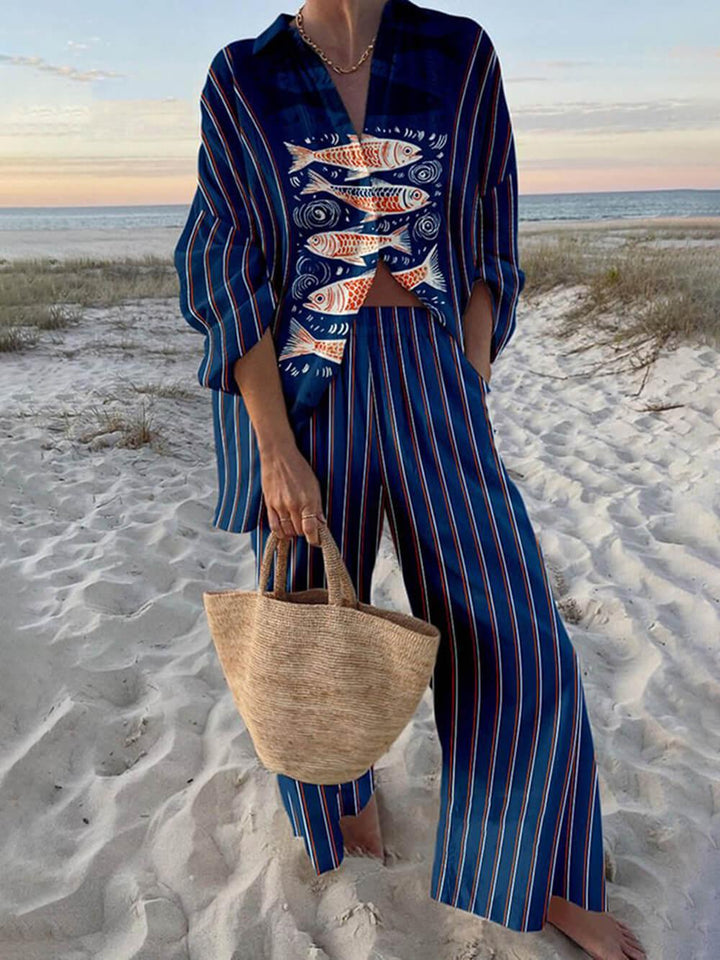 Mae | Ensemble Chemise Oversized Imprimé Océan Style Île et Pantalons à Taille Élastique avec Poches