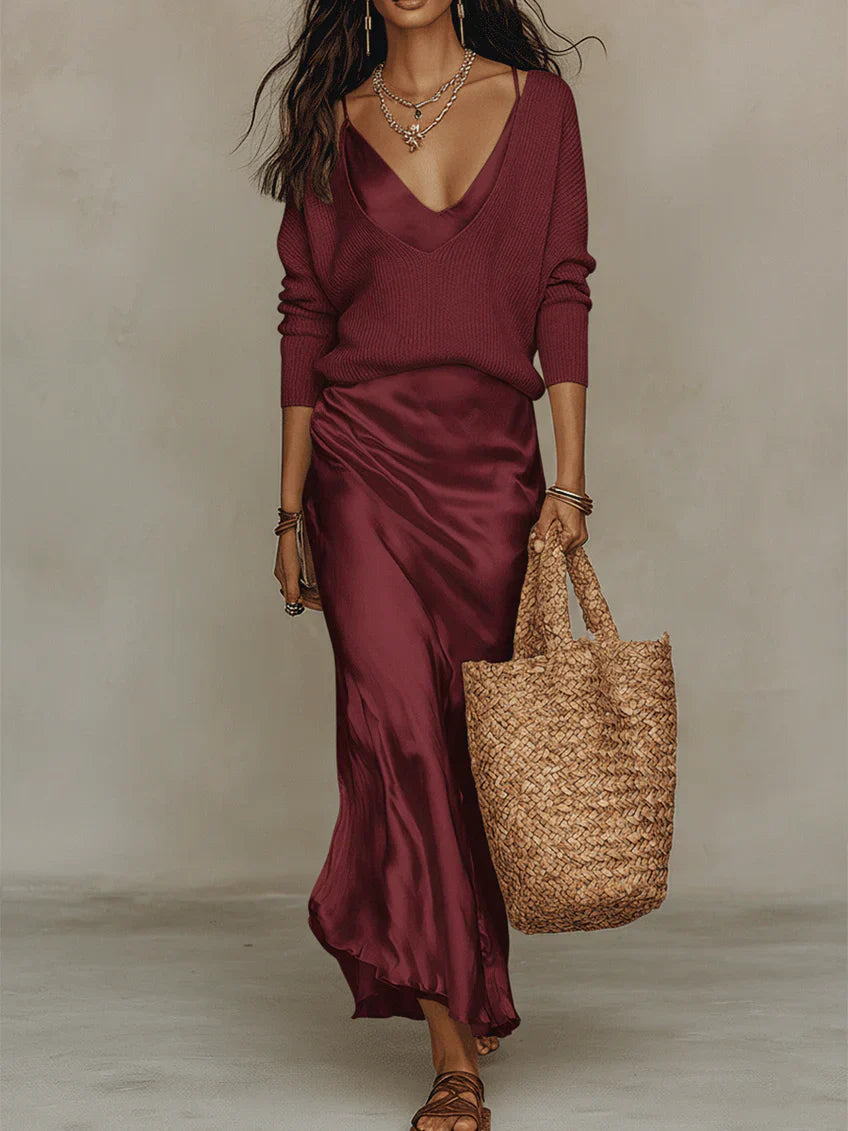 Elena | Robe Satin Midi avec Gilet Inclus