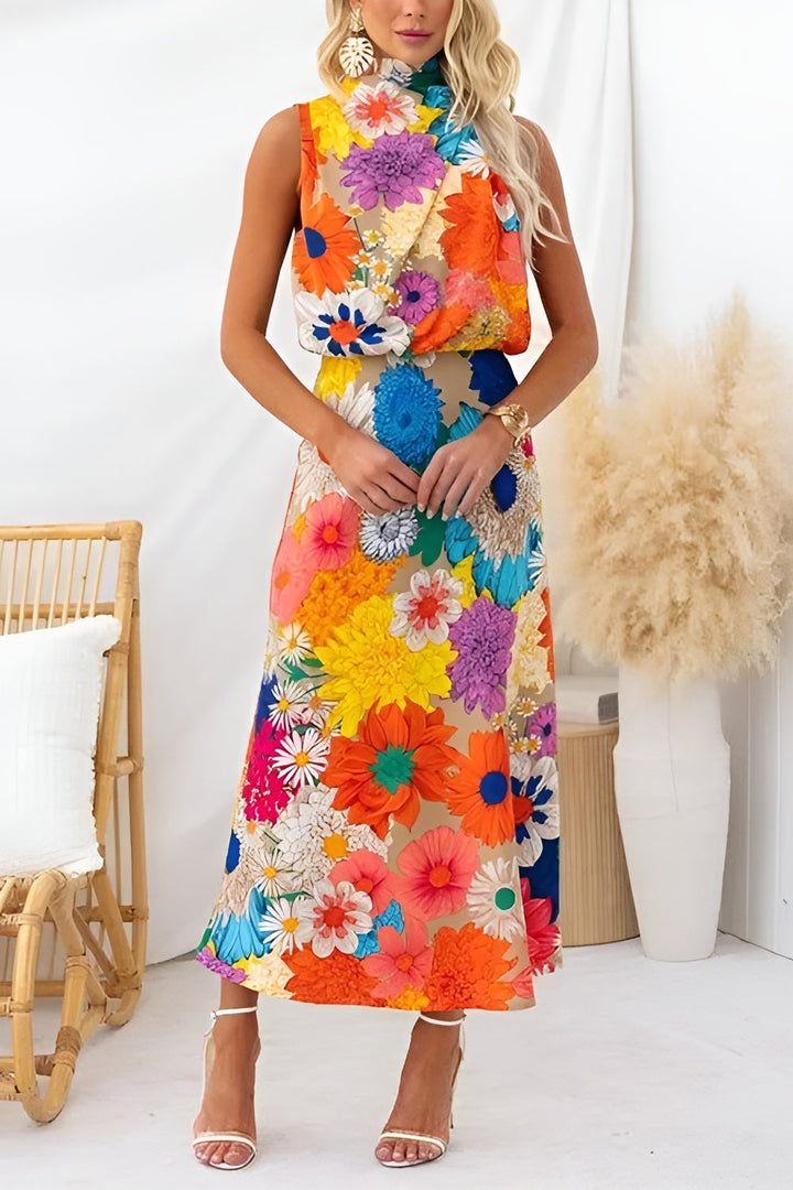 Été | Robe maxi à fleurs sans manches avec nœud à la taille