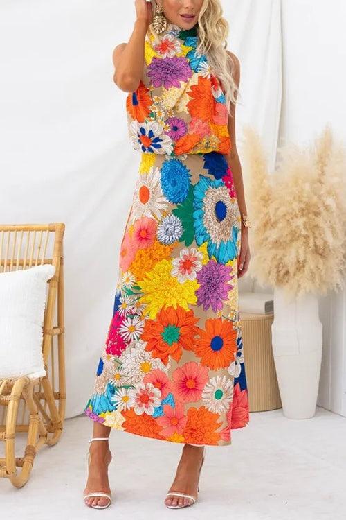 Été | Robe maxi à fleurs sans manches avec nœud à la taille
