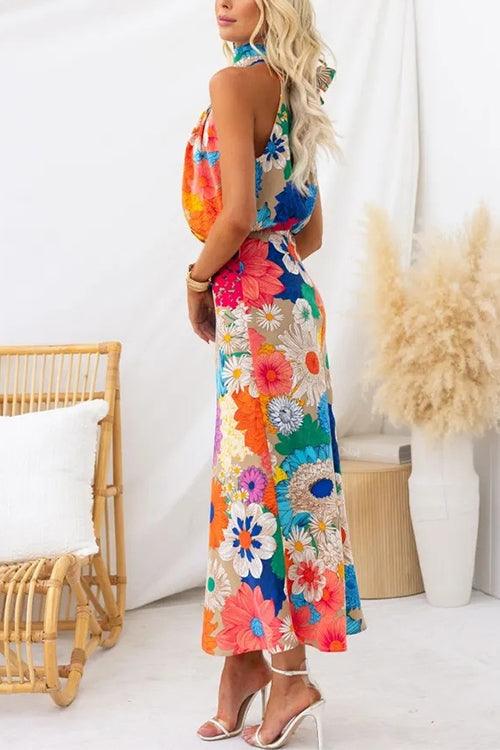 Été | Robe maxi à fleurs sans manches avec nœud à la taille