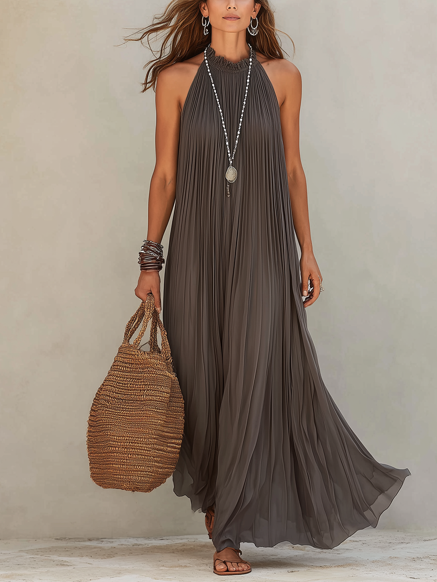 LIRA | Robe Maxi à Bretelles Plissée Grise