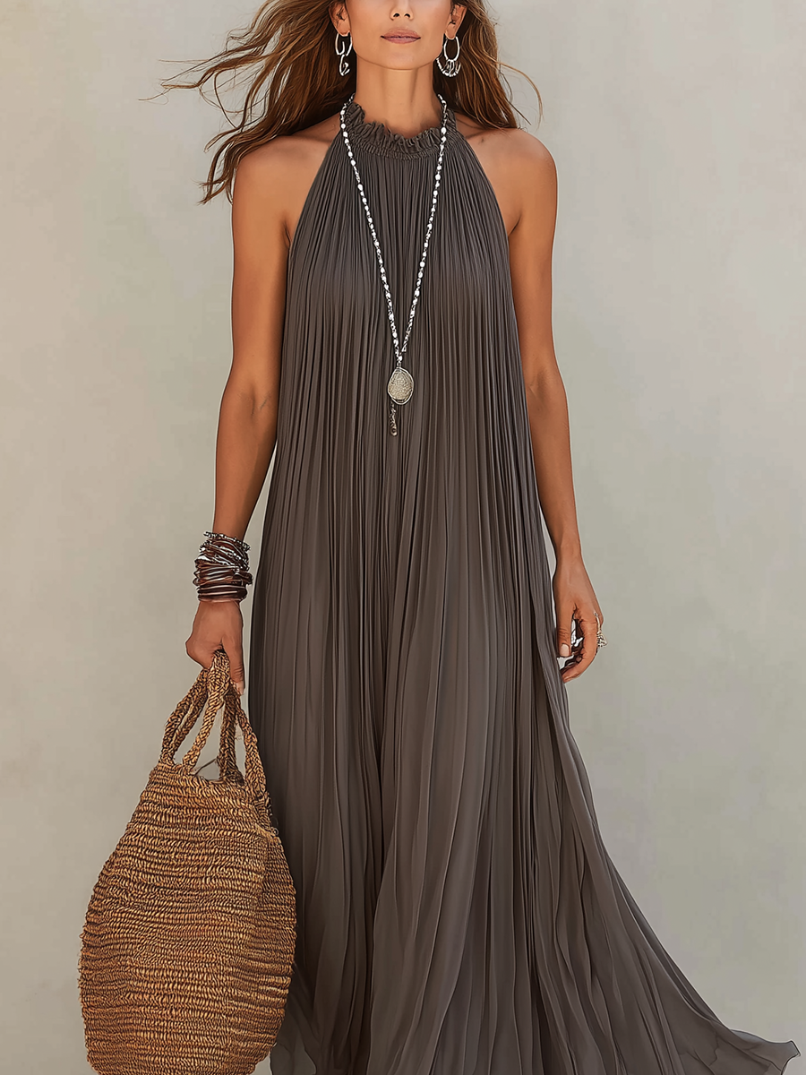 LIRA | Robe Maxi à Bretelles Plissée Grise