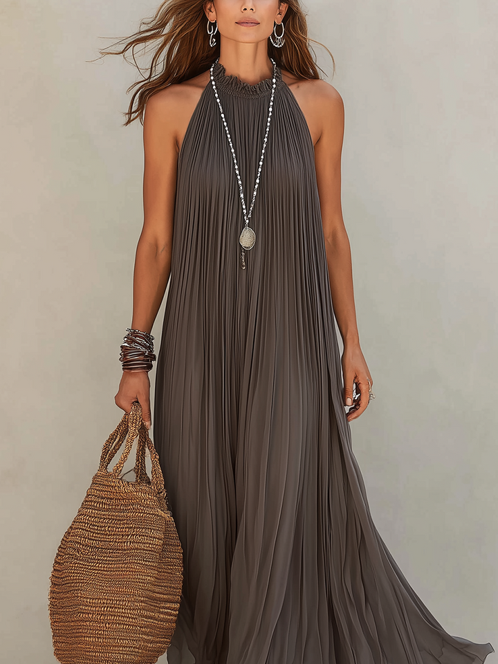 LIRA | Robe Maxi à Bretelles Plissée Grise