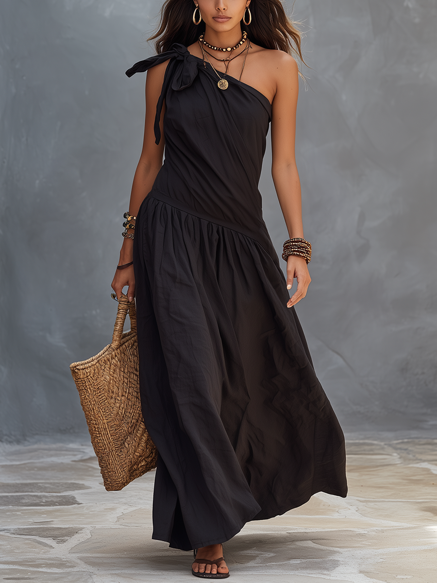SELENA | Robe Maxi Épaule Unique Noir