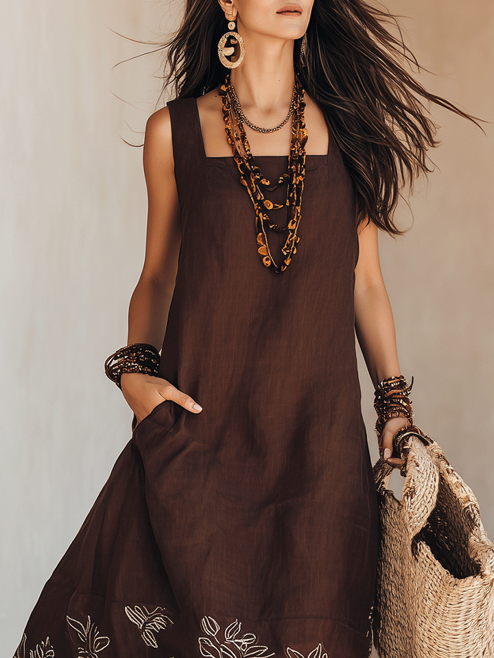 NOEMI | Robe midi en lin de style boho avec broderies