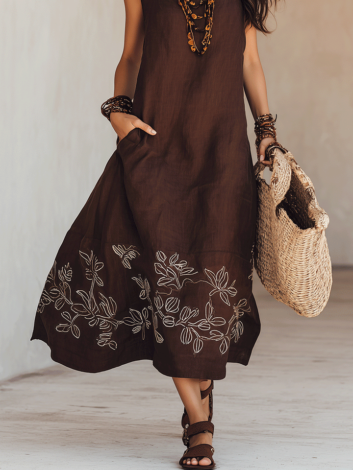 NOEMI | Robe midi en lin de style boho avec broderies
