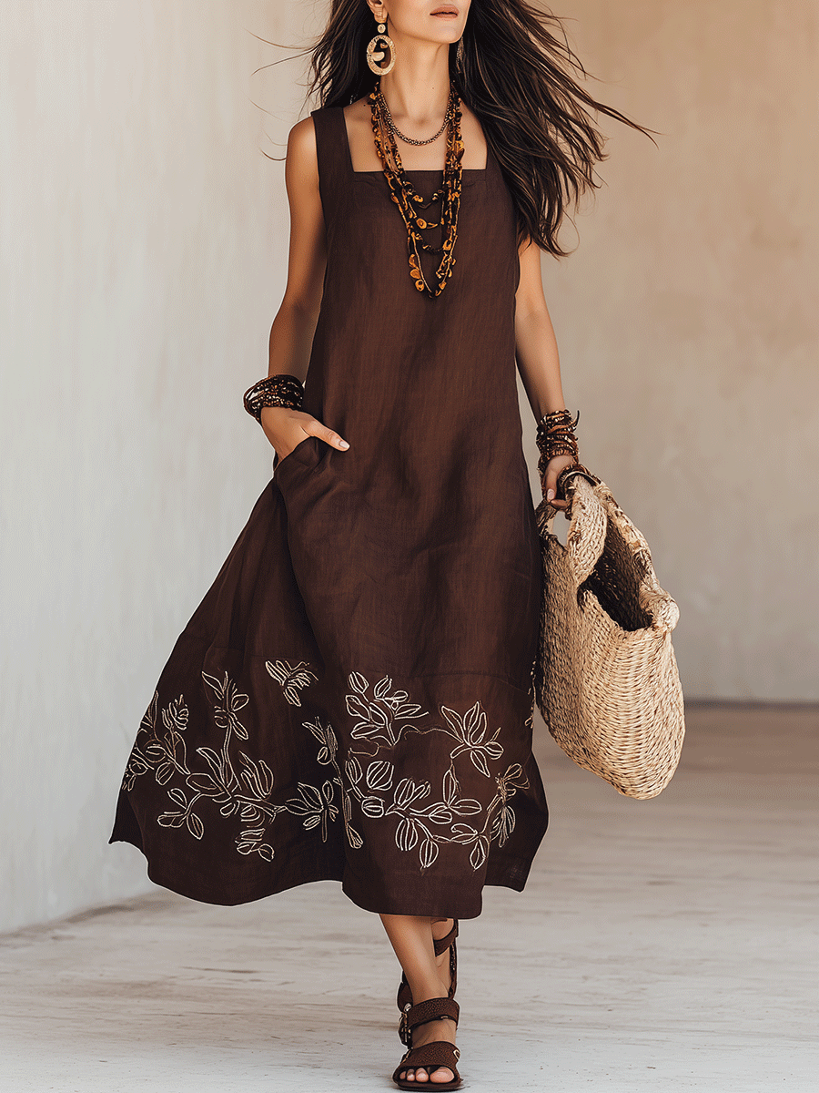 NOEMI | Robe midi en lin de style boho avec broderies