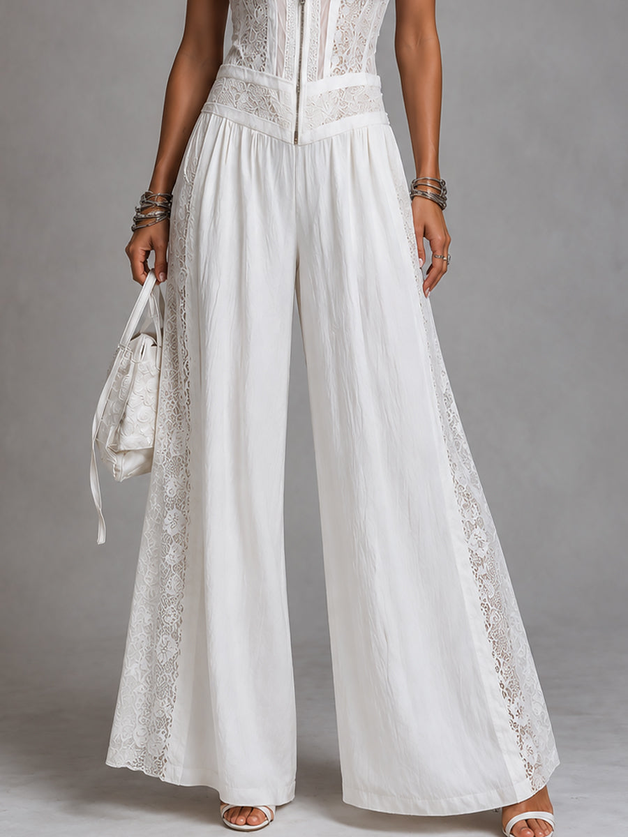 Combinaison Large en Tencel à Col Montant avec Détails en Dentelle