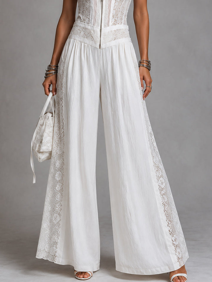 Combinaison Large en Tencel à Col Montant avec Détails en Dentelle