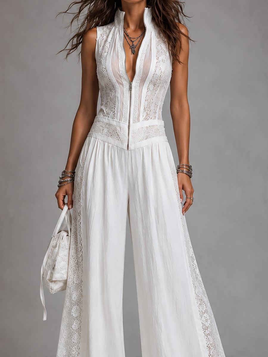 Combinaison Large en Tencel à Col Montant avec Détails en Dentelle