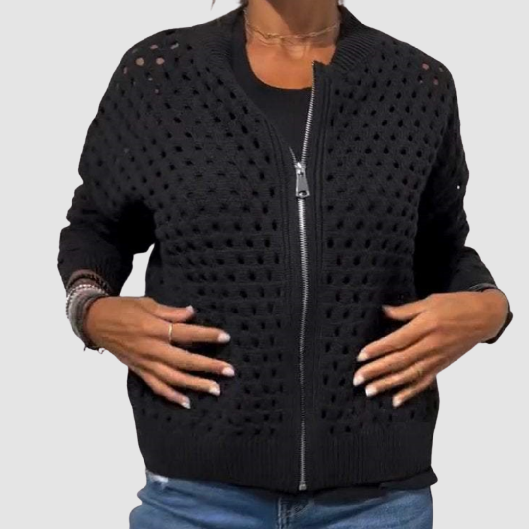 Amelia | Cardigan Tricoté Ajouré à Fermeture Zippée