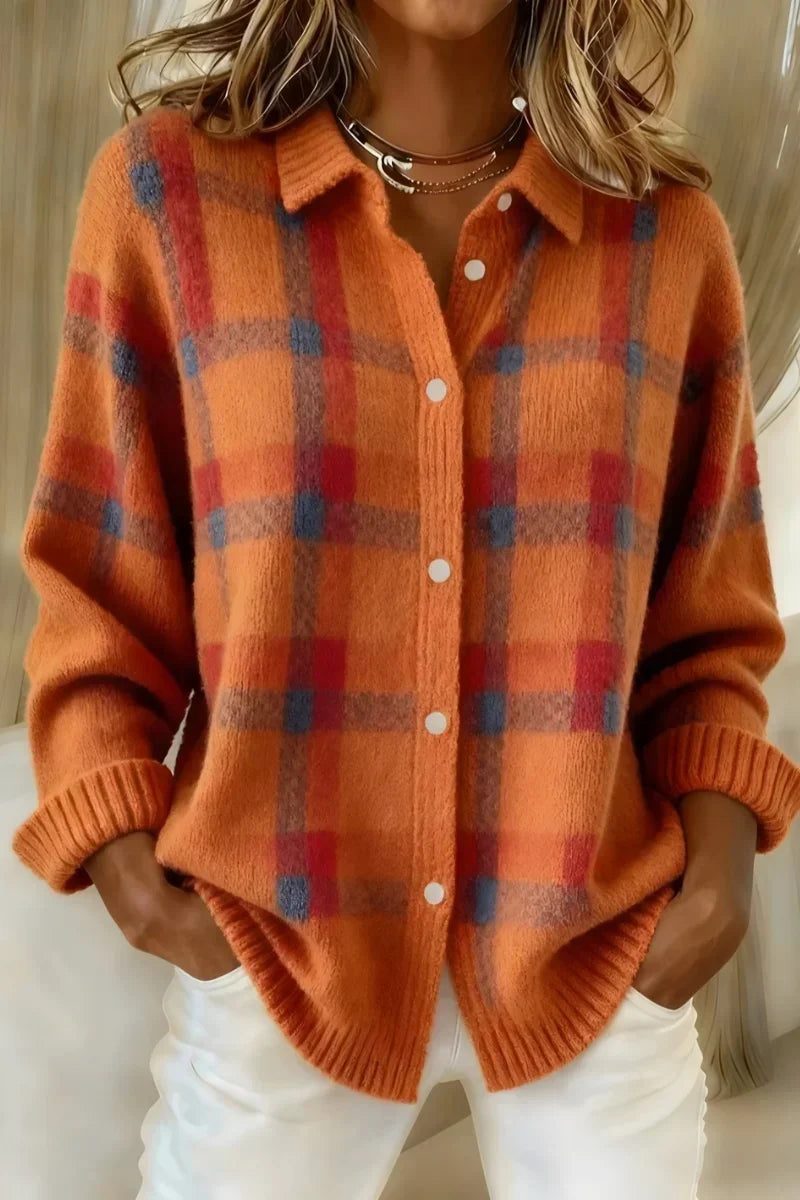 Megan™ | Cardigan Tricot à Carreaux Boutonné