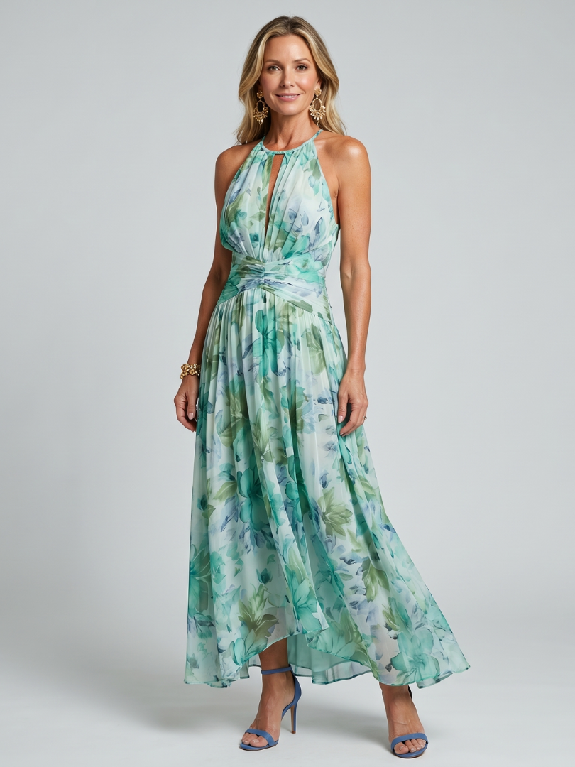 Portia | Robe Midi à Fleurs Douces avec Décolleté Halter Plissé