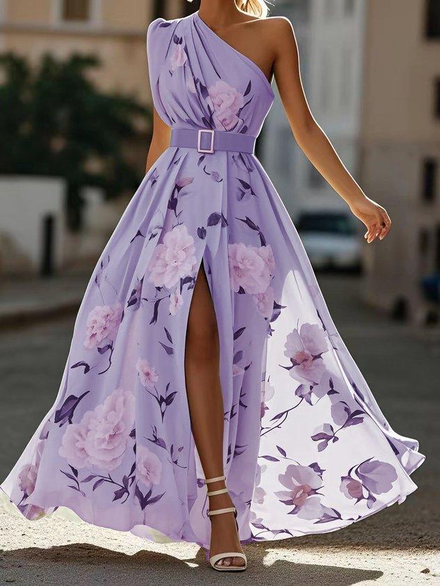 Julie | Robe Maxi Chiffon Florale Vert Clair à Une Épaule