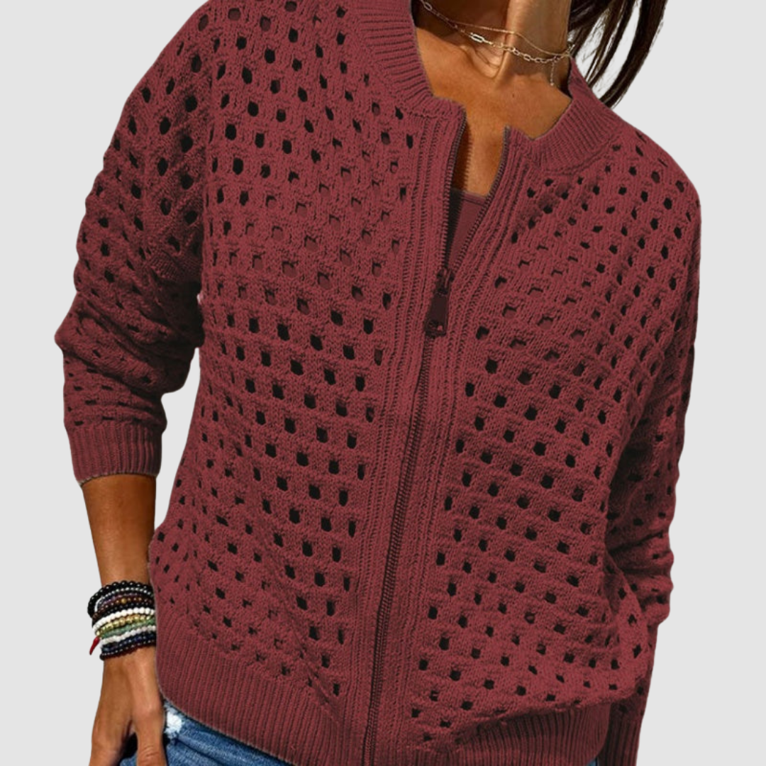Amelia | Cardigan Tricoté Ajouré à Fermeture Zippée