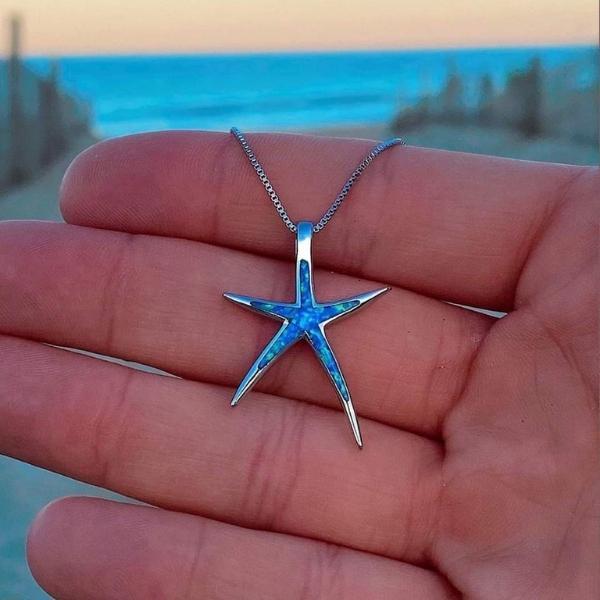 Collier en Opale Bleue et Étoile de Mer en Argent