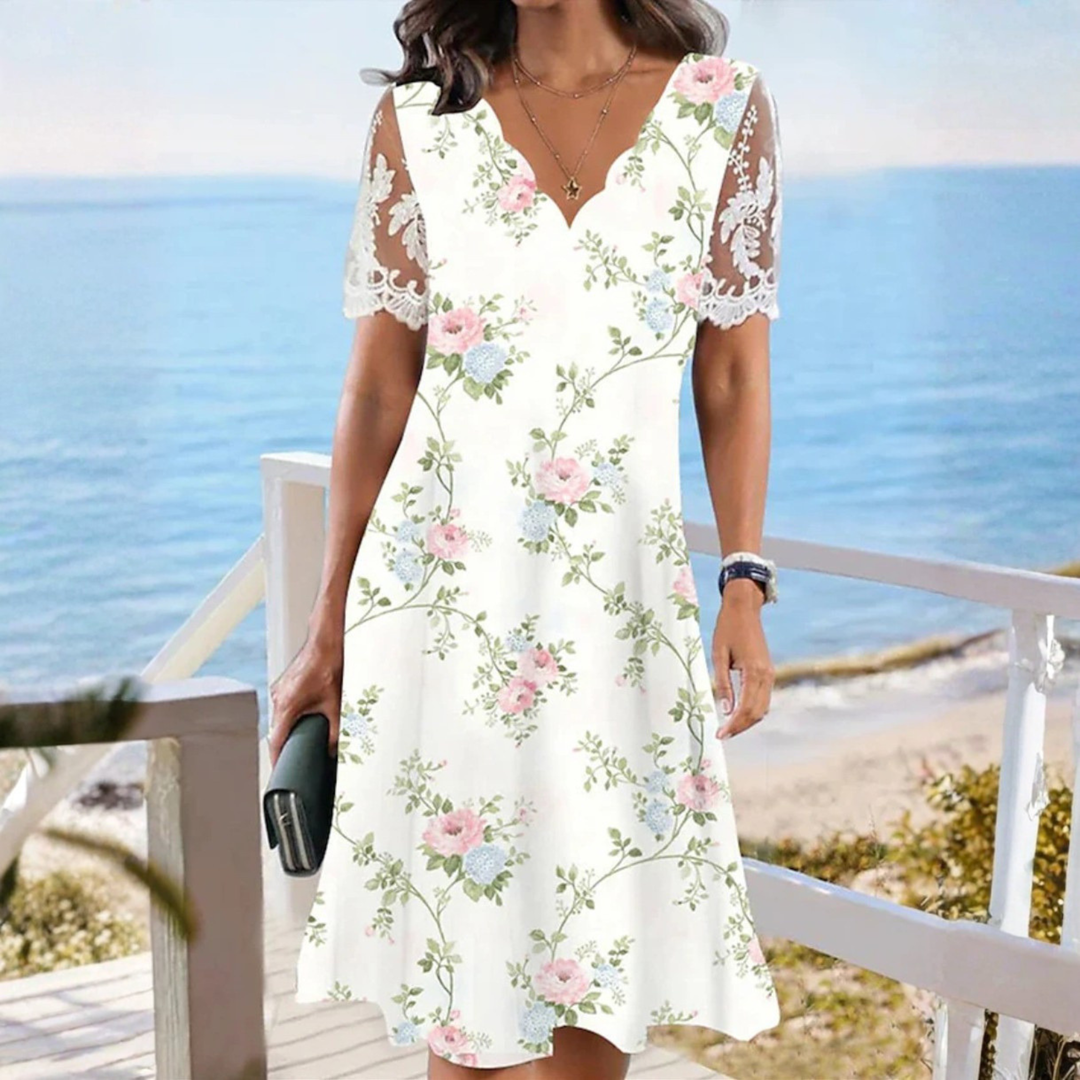 Edith | Robe Midi Fleurie à Manches en Dentelle