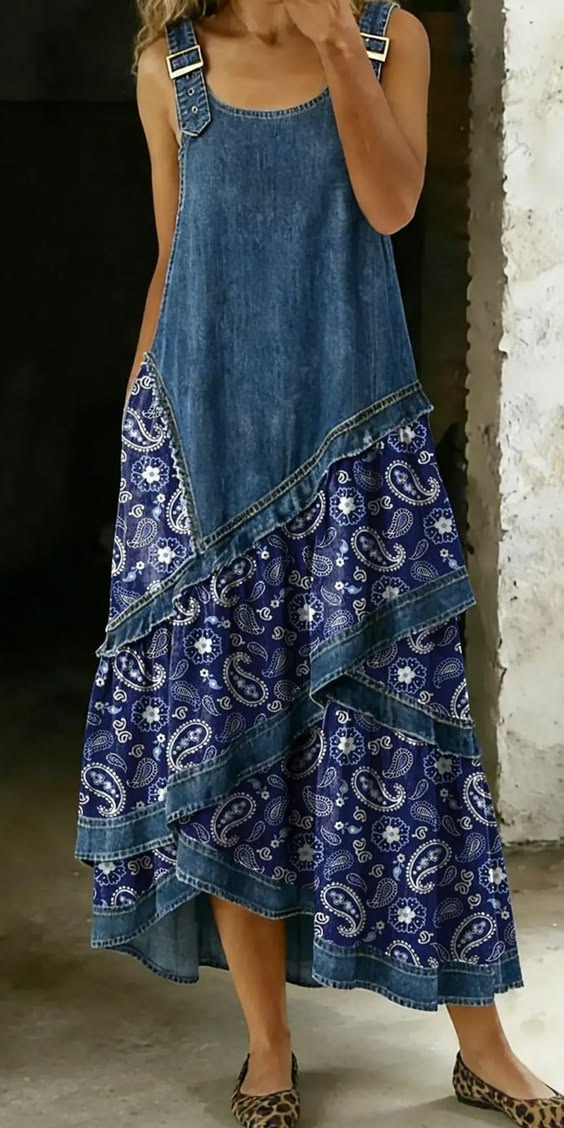 Maëlle | Robe Asymétrique en Denim et Imprimé
