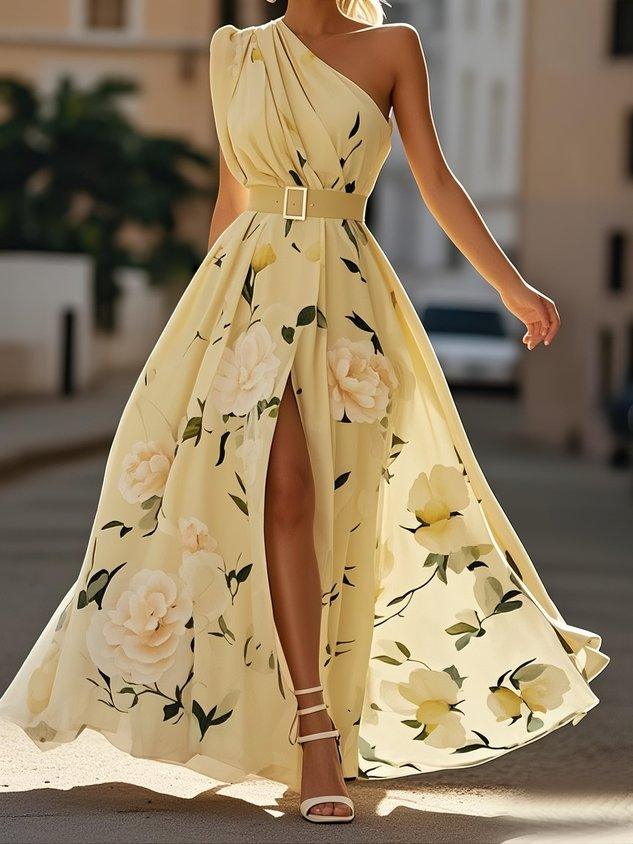Julie | Robe Maxi Chiffon Florale Vert Clair à Une Épaule