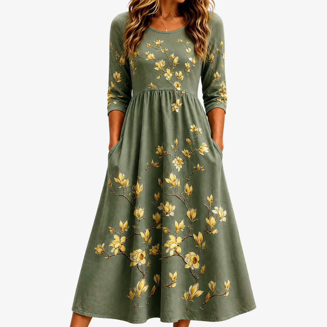 Robe Midi à Poches Sage Blossom Grace