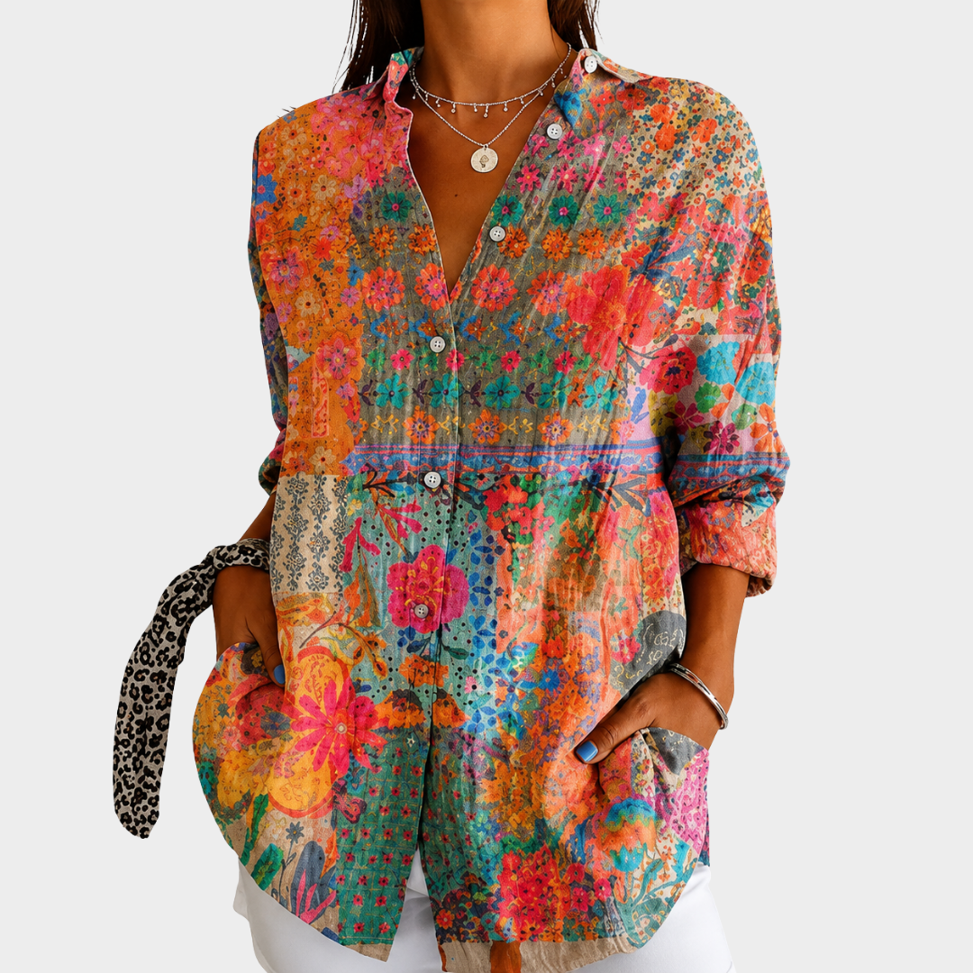 Blouse à Boutons Frontal en Patchwork de Fleurs ensoleillées