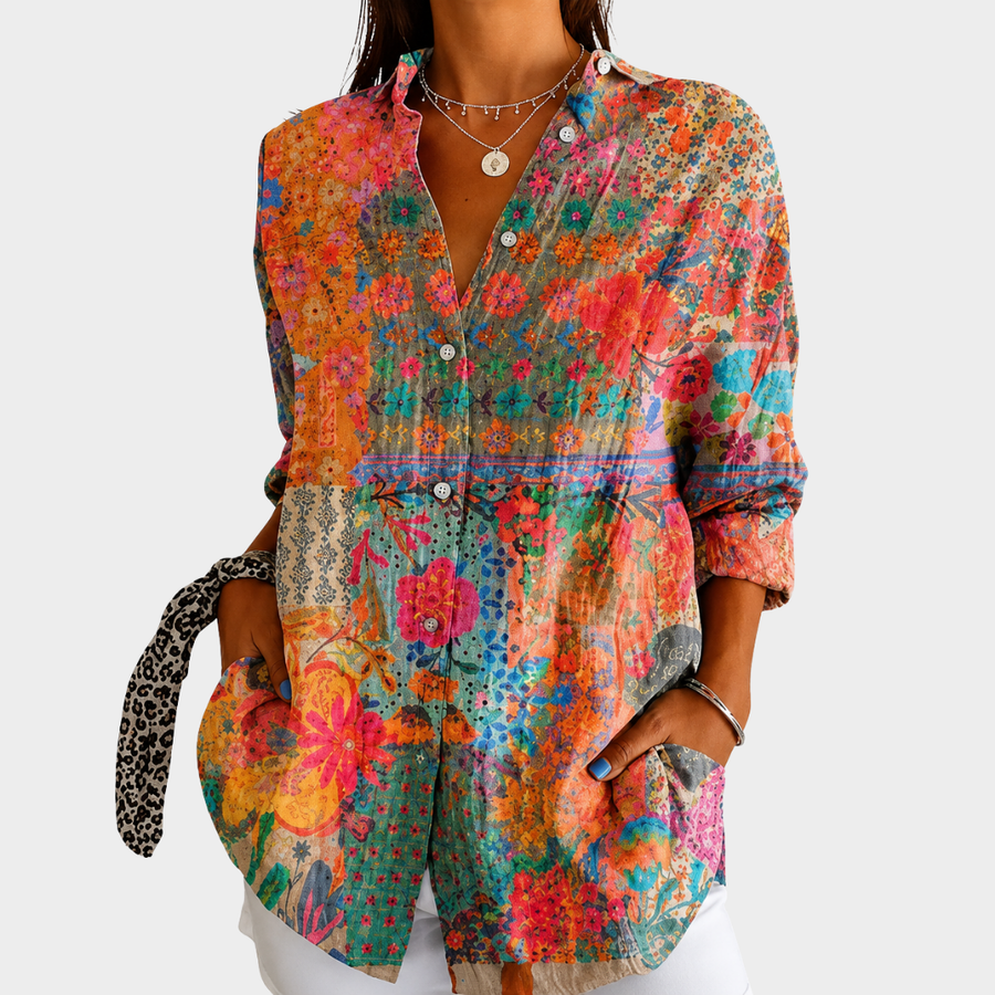Blouse à Boutons Frontal en Patchwork de Fleurs ensoleillées