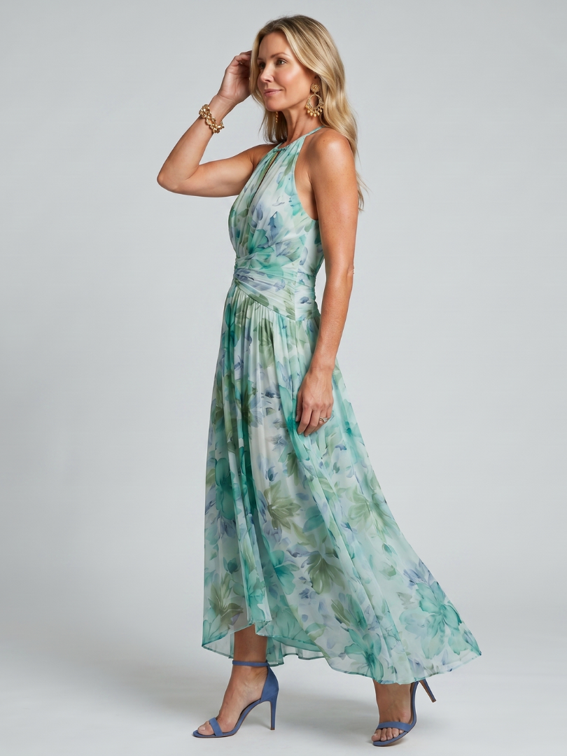 Portia | Robe Midi à Fleurs Douces avec Décolleté Halter Plissé