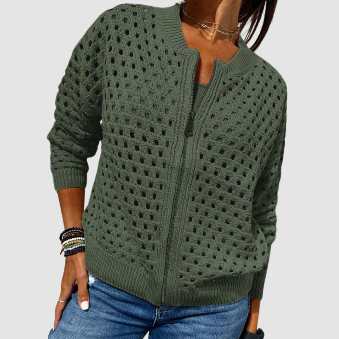 Amelia | Cardigan Tricoté Ajouré à Fermeture Zippée