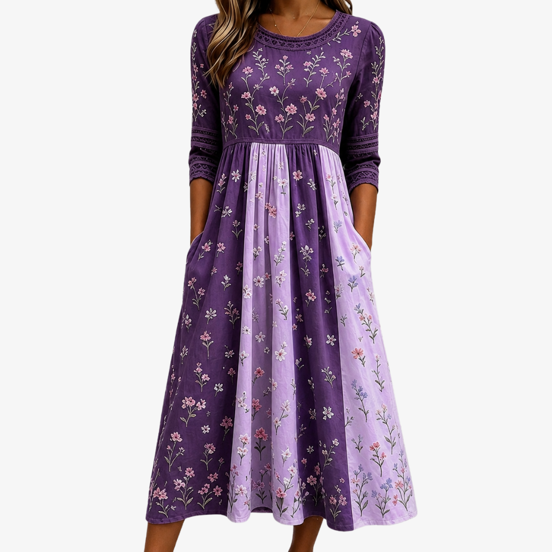 Robe Midi à Panneaux de Fleurs Sauvages Lavande