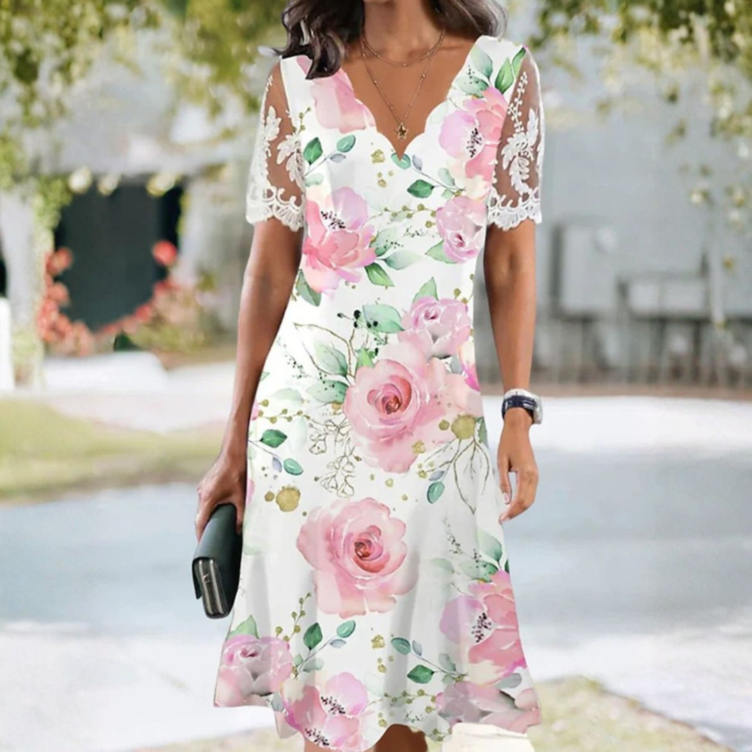 Edith | Robe Midi Fleurie à Manches en Dentelle