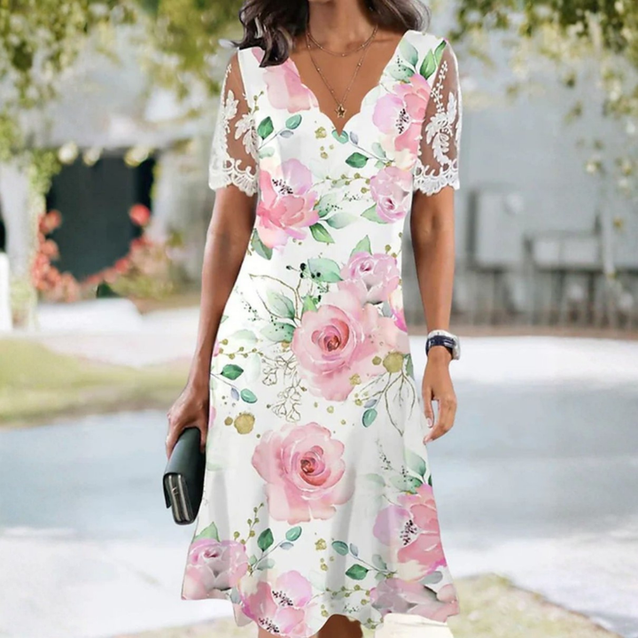 Edith | Robe Midi Fleurie à Manches en Dentelle