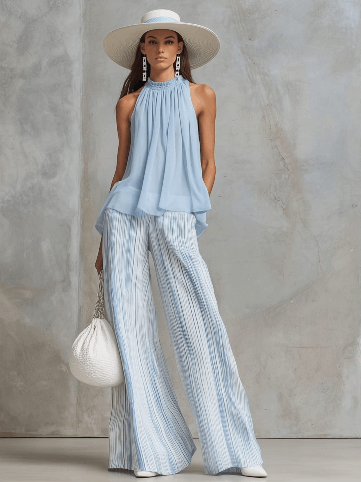 Ensemble de Pantalons en Chiffon Bleu Côtier