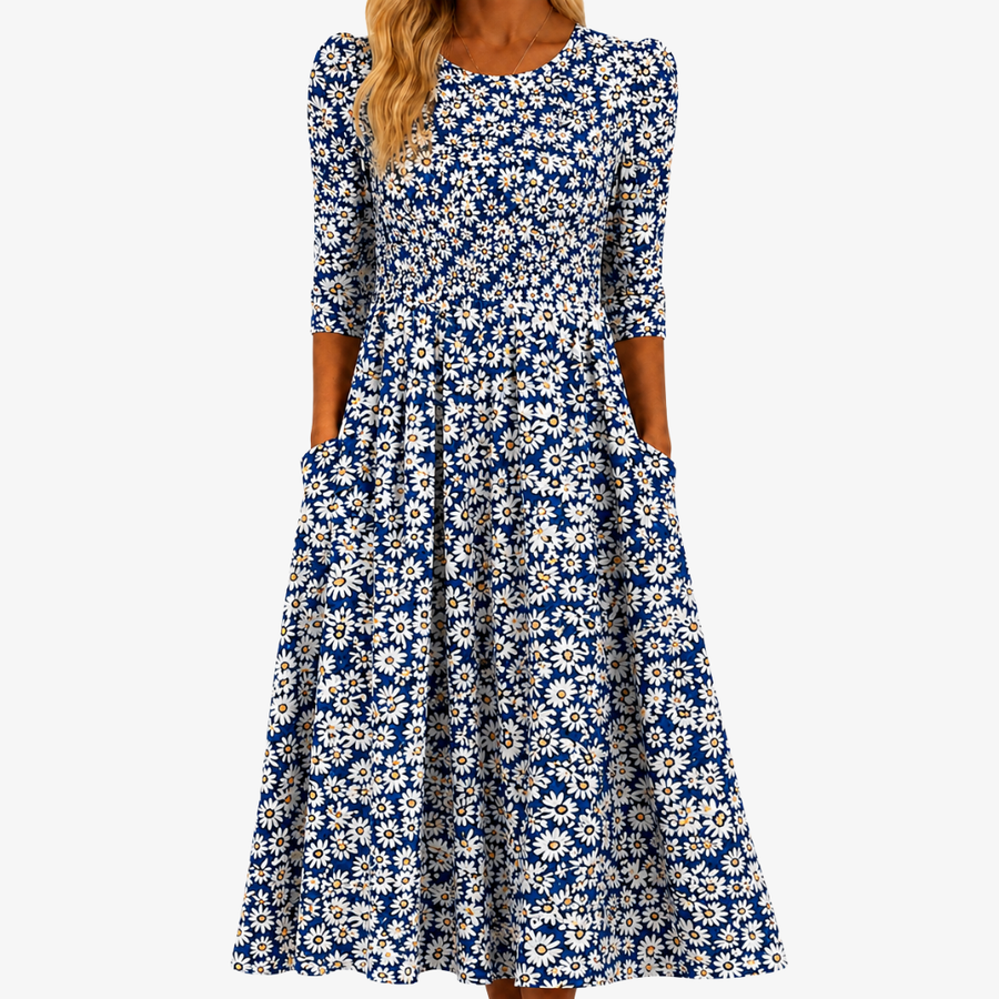 Robe Maxi à Poches Jardins de Marguerites Bleues