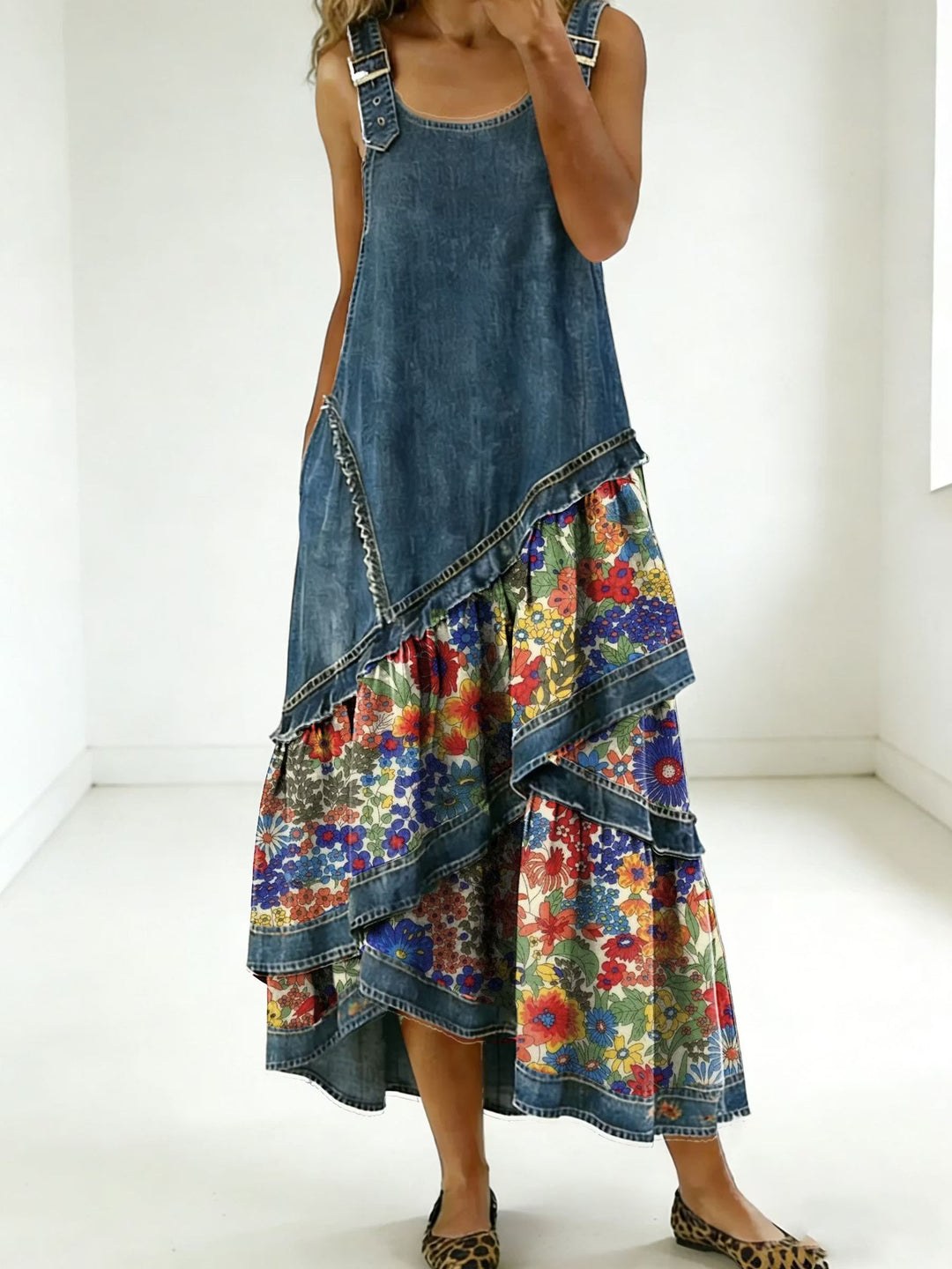 Maëlle | Robe Asymétrique en Denim et Imprimé