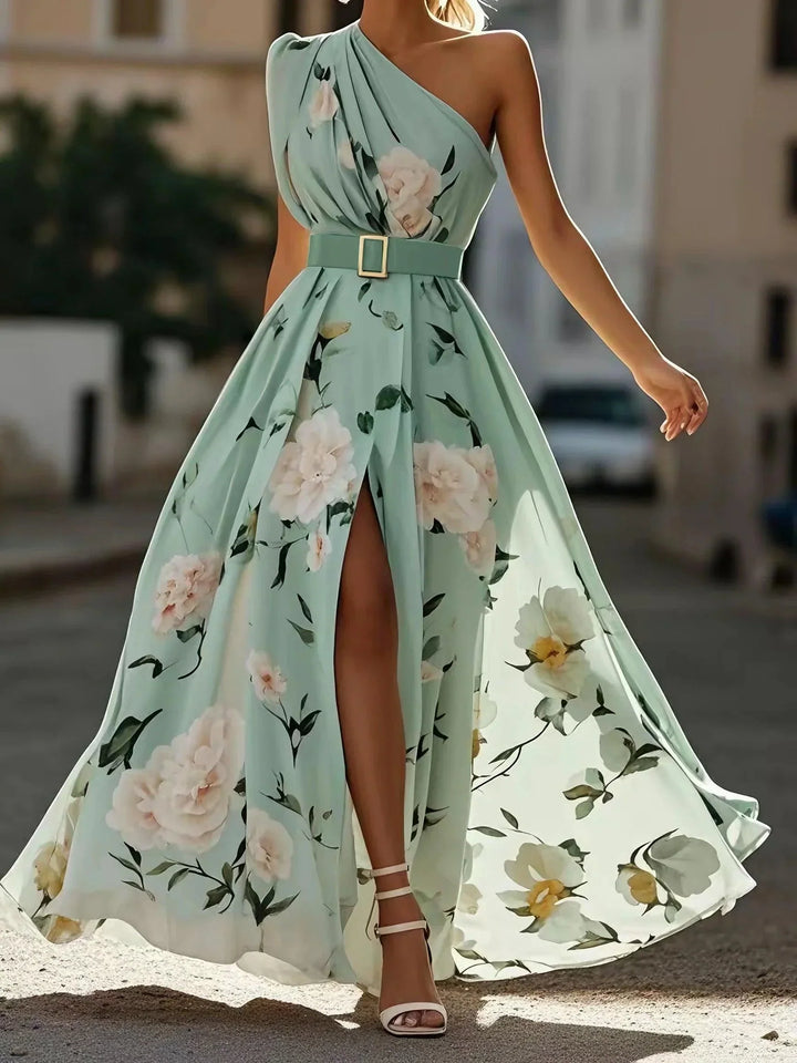 Julie | Robe Maxi Chiffon Florale Vert Clair à Une Épaule