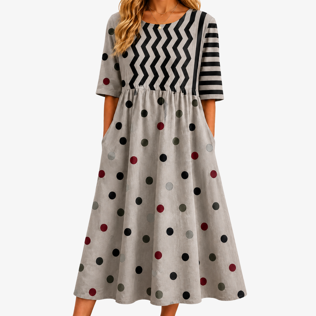 Robe Midi à Poches et Imprimés Mélangés Charme Moderne